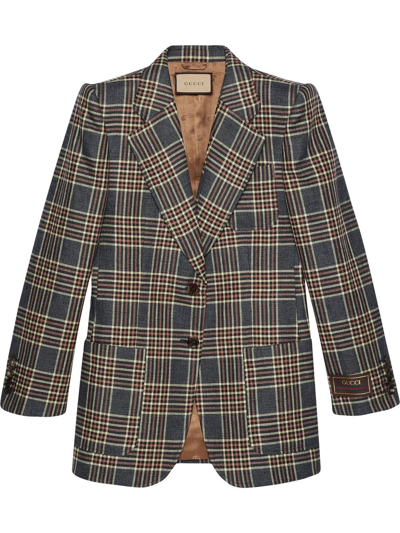 Shop Gucci Linen And Silk Blend Checked Blazer In Blue