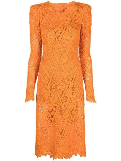 Shop Ermanno Scervino Embroidered Lace Midi Dress In Orange