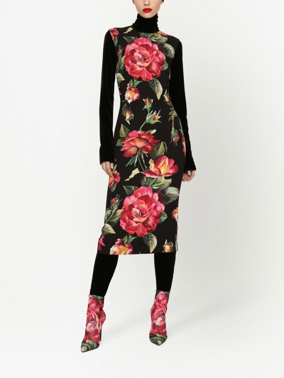 Shop Dolce & Gabbana Silk Rose Print Midi Dress