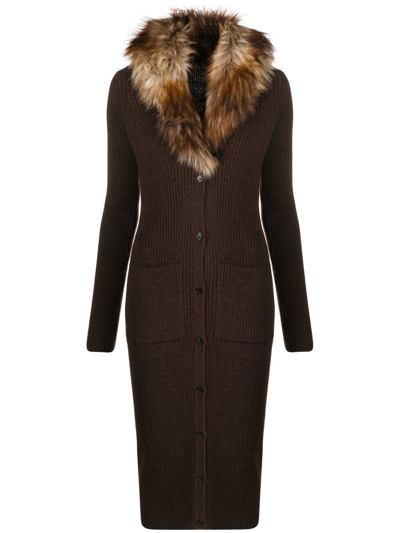 Shop Saint Laurent V-neck Long Wool Dress In Brown