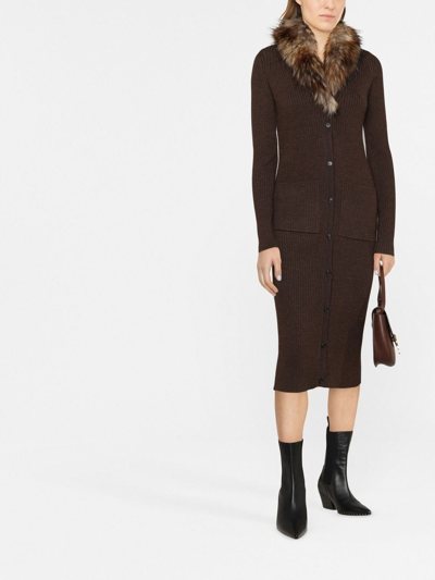 Shop Saint Laurent V-neck Long Wool Dress In Brown
