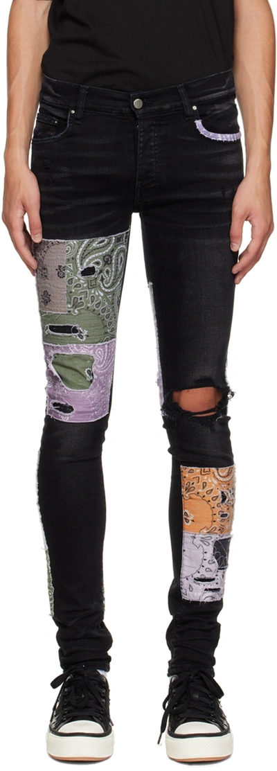 Amiri Bandana Patch Distressed Detail Denim Skinny Jeans In Black | ModeSens