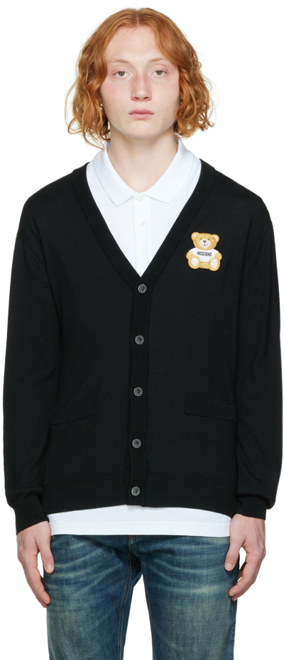 Shop Moschino Black Embroidered Patch Cardigan In A0555 Black