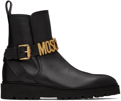 Shop Moschino Black Leather Boots In 000 Nero