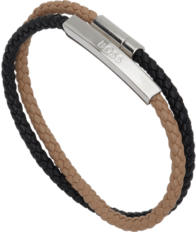 Hugo Boss Braided Leather Strap Bracelet In Black | ModeSens