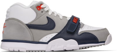 Shop Nike White Air Trainer 1 High-top Sneakers In White/midnight Navy-
