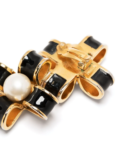 Pre-owned Chanel Enamel-detailed Faux-pearl Clip-on Earrings In Gold