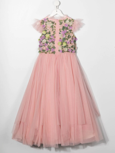 Shop Marchesa Couture Tulle Floral-design Ruffled Dress In Pink