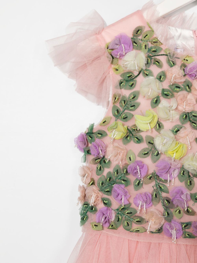 Shop Marchesa Couture Tulle Floral-design Ruffled Dress In Pink