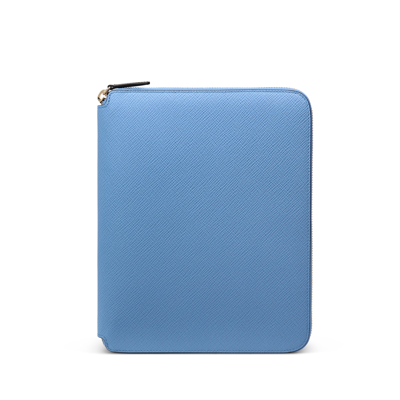 Smythson A5 Writing Folder With Zip In Panama In Nile Blue
