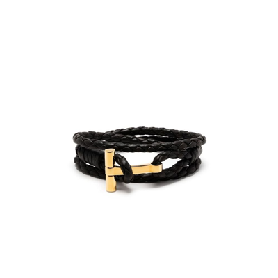 Shop Tom Ford Black Woven Leather Bracelet In Brown