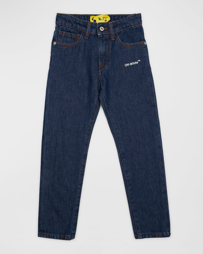 Shop Off-white Boy's Rubber Arrow Embroidered Logo Jeans In Blue White