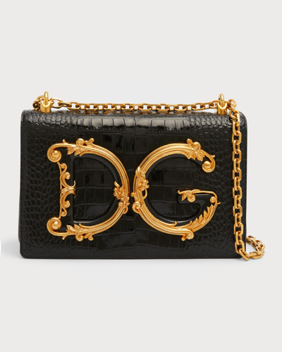 Shop Dolce & Gabbana Dg Girl's Croc-embossed Chain Crossbody Bag In Nero