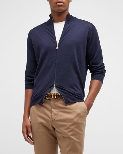 Shop Brunello Cucinelli Men's Wool-cashmere Full Zip Sweater In Cw425 Navy
