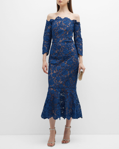 Shop Marchesa Notte Off-the-shoulder Lace Fit-&-flare Midi Dress In Blue