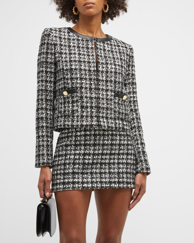Shop Alice And Olivia Donita Tweed Vegan Leather Cropped Jacket In Blackoff White