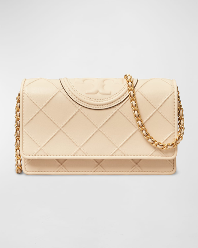 Shop Tory Burch Fleming Woven Chain Wallet Shoulder Bag In New Cream