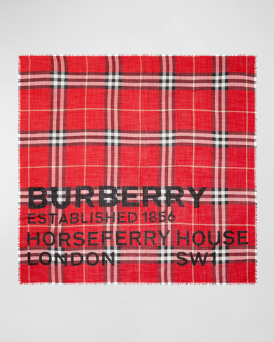 Shop Burberry Address Check Gauze Wool-silk Scarf In Bright Red
