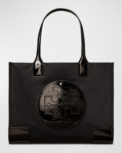 Shop Tory Burch Ella Mini Patent Recycled Nylon Tote Bag In Black