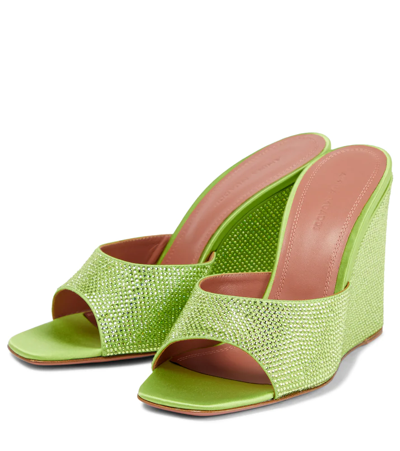 Amina Muaddi Lupita Crystal-embellished Satin Wedge Sandals In Lime
