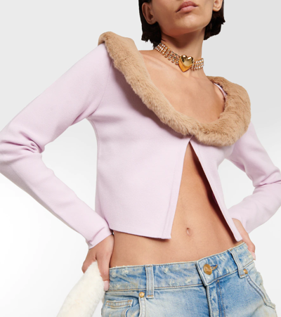 Shop Blumarine Faux Fur-trimmed Jersey Cardigan In Lupine