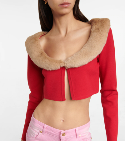 Shop Blumarine Faux Fur-trimmed Jersey Cardigan In Rouge