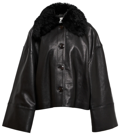 Shop Totême Shearling-trimmed Leather Jacket In Black