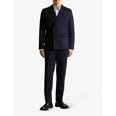 Shop Ted Baker Mens Navy Shutton Double-breasted Wool And Linen-blend Blazer