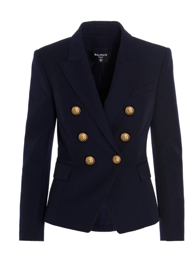 Shop Balmain Gold Button Wool Blazer Jacket In Blue