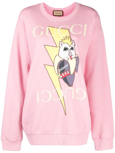 Shop Gucci Lightning Bolt Bananya Print Sweatshirt In 5904 Sugar Pink/mc