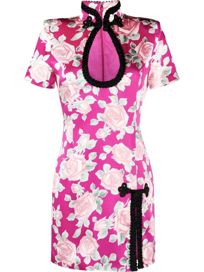 Shop Alessandra Rich Rose-print Silk Dress In Rosa