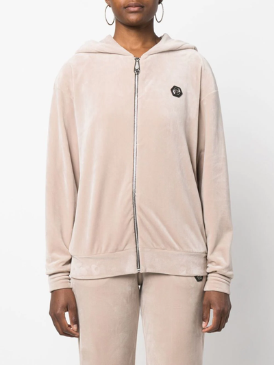 Philipp Plein Skull-appliqué Zip-up Hoodie In Nude