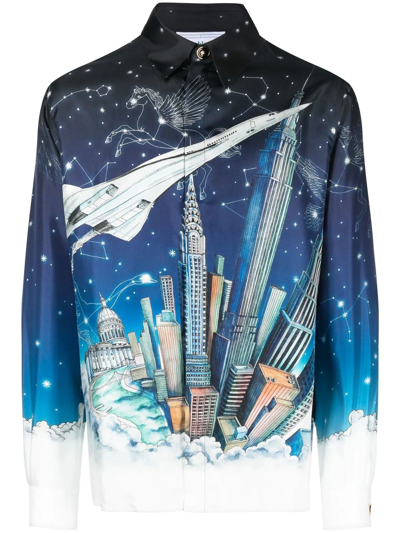 Casablanca Long Sleeve Silk Button-up Shirt In Vol De Nuit