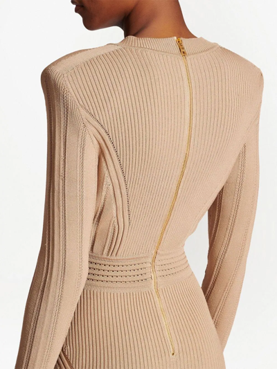 Shop Balmain Ribbed-knit Mini Dress In Brown