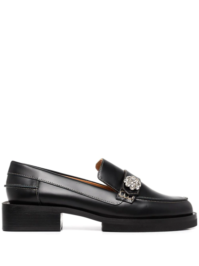 Shop Ganni Crystal-button Leather Loafers In Black