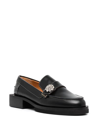 Shop Ganni Crystal-button Leather Loafers In Black