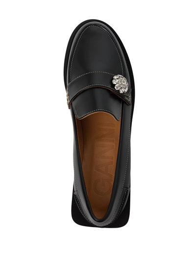 Shop Ganni Crystal-button Leather Loafers In Black