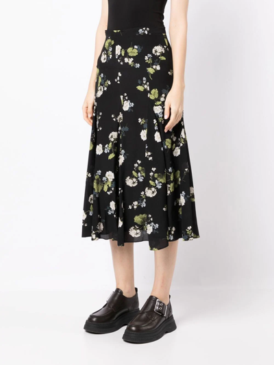 Shop Erdem Christina Floral-print Silk Midi Skirt In Black