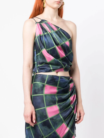 Ahluwalia Patel One-shoulder Draped Printed Matte-satin Top In Blau
