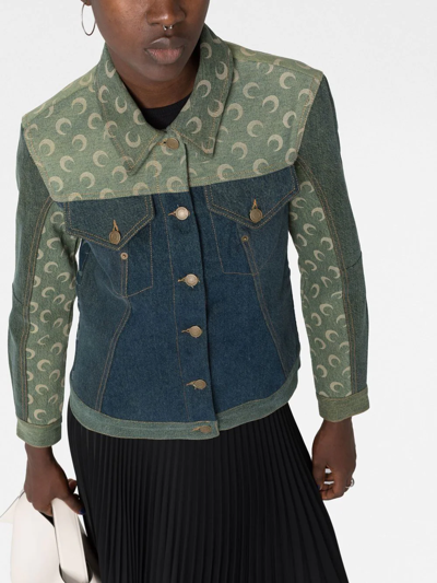 Shop Marine Serre Logo-print Panelled Denim Jacket In Grün