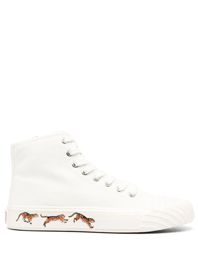 Shop Kenzo Tiger-print Lace-up Sneakers In Weiss
