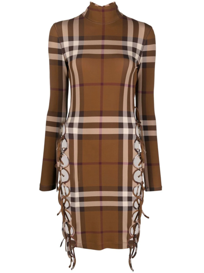 Shop Burberry Check-print Side-tie Midi Dress In Brown