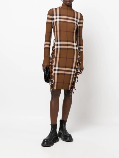 Shop Burberry Check-print Side-tie Midi Dress In Brown