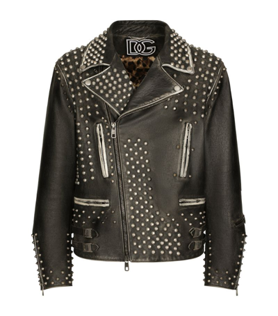 Shop Dolce & Gabbana Leather Studded Biker Jacket In Multi
