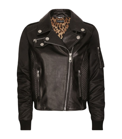 Shop Dolce & Gabbana Leather Biker Jacket In Multi