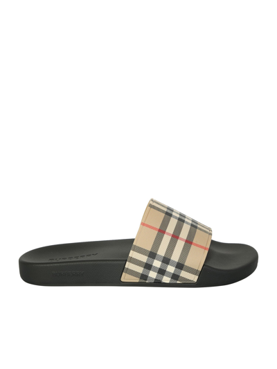 Shop Burberry Contemporary, Cool And Vintage For The Checked Logo.  Pool Slides Give A Casual Touch To The In Beige