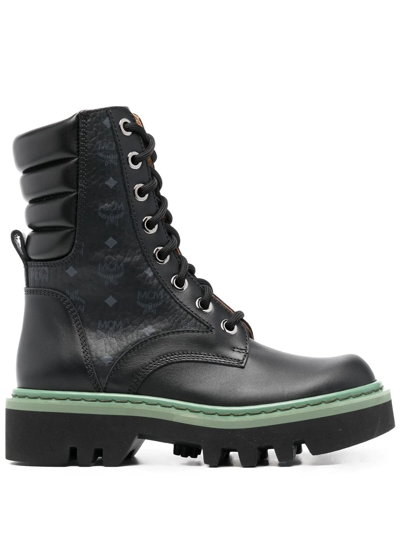 Mcm Monogram Leather Combat Boots In Black | ModeSens