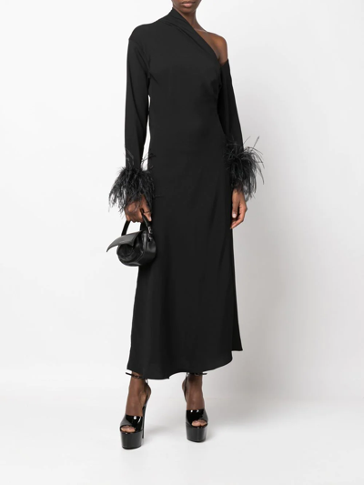 Shop 16arlington Feather-trim One-shoulder Dress In Black