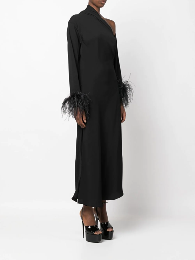 16arlington Black Adelaide Feather Trim Midi Dress In Black