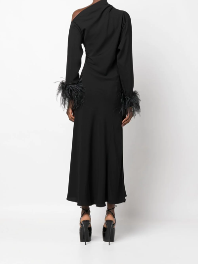 16arlington Black Adelaide Feather Trim Midi Dress In Black